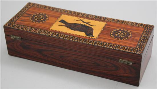 A Tunbridge Ware kingwood bird mosaic and half square mosaic glove box, 9.5in.